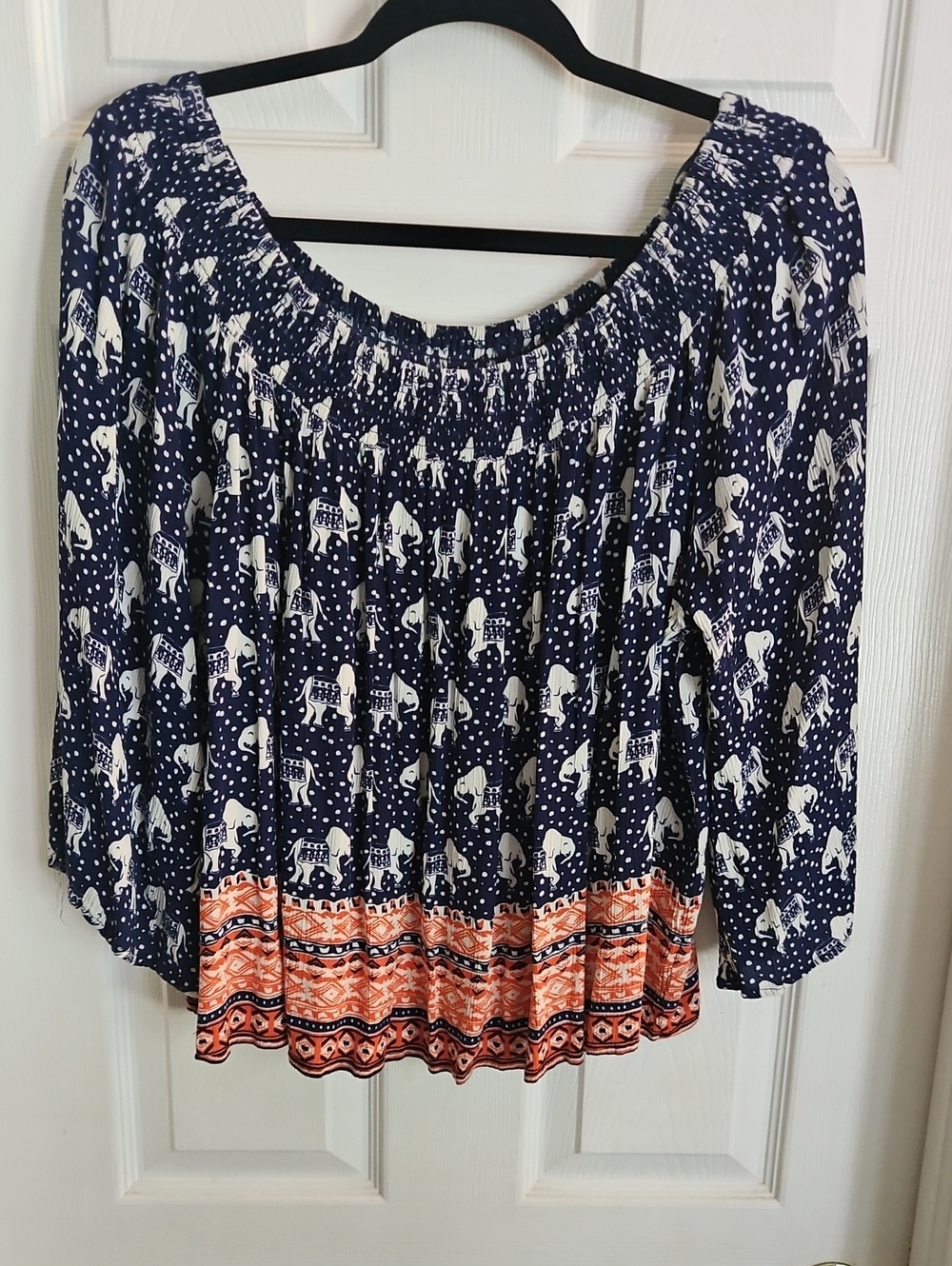 XL Hippie Boho Navy & Coral Printed Off-Shoulder Blouse Elephant Print